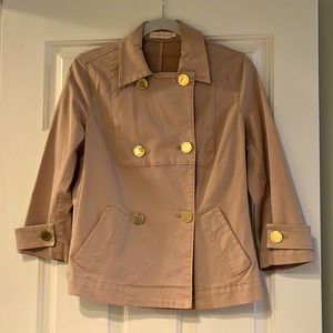 Tory Burch khaki pea coat with gold buttons.